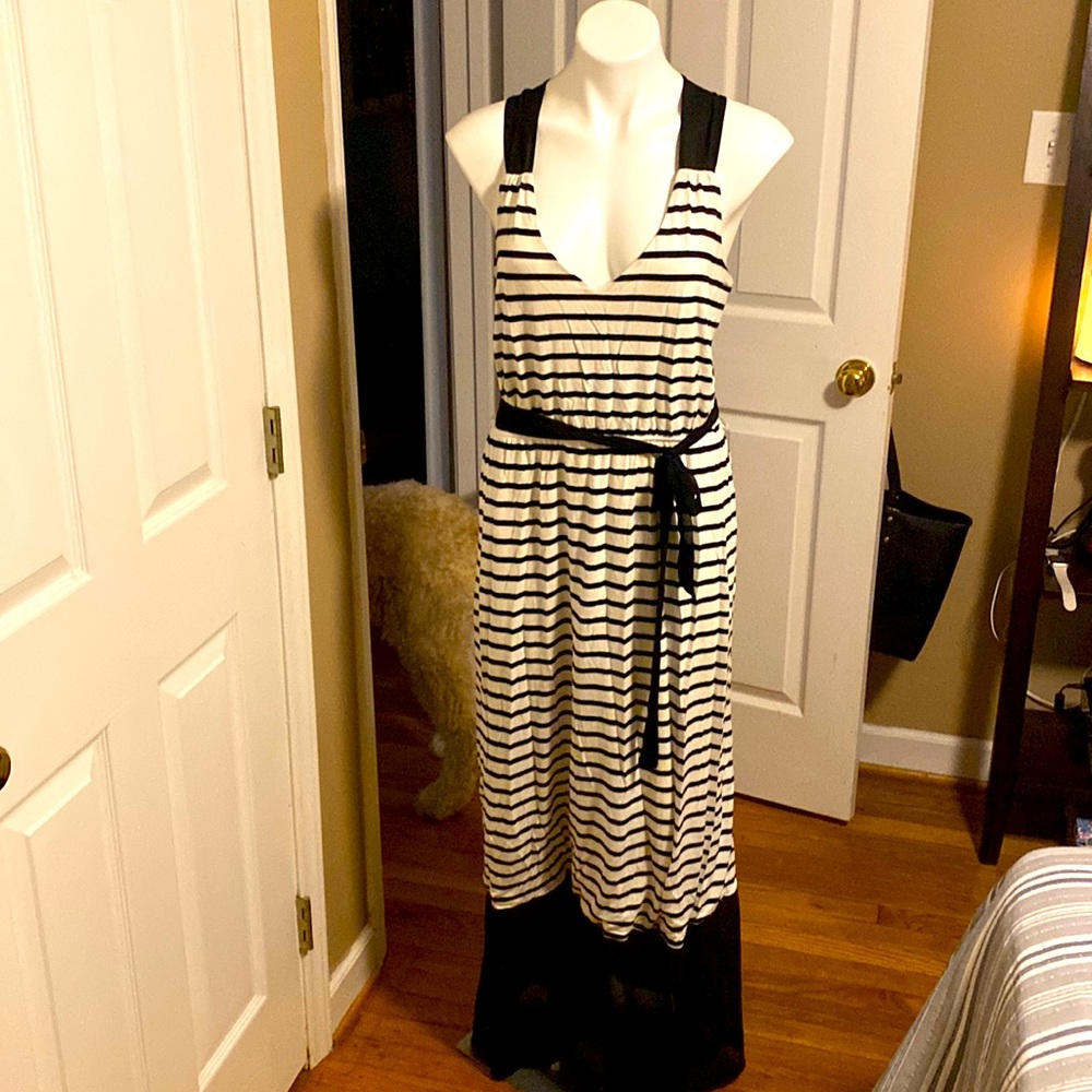 Black & white Striped Maxi dress with a sheer black bottom layer